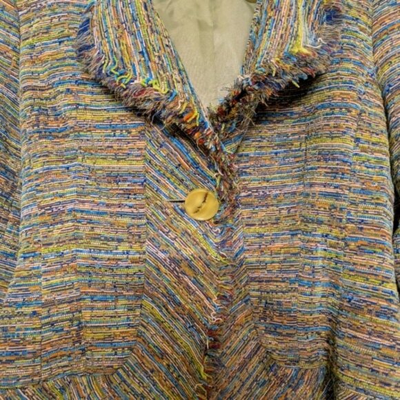 Laura Ashley Multicolored Striped Fringed Tweed Jacket With Single Button - Picture 3 of 12